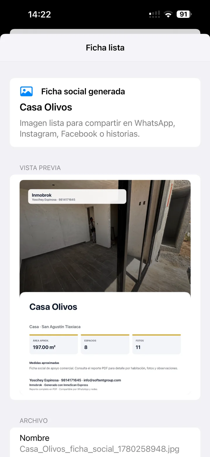 Ficha visual para compartir de propiedad en InmoScan Express